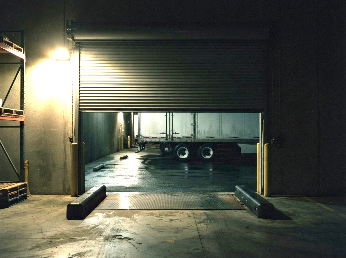 A loading bay at night seen from inside, the roller shutter half down and a trailer's rear doors standing in the wet apron beyond it.