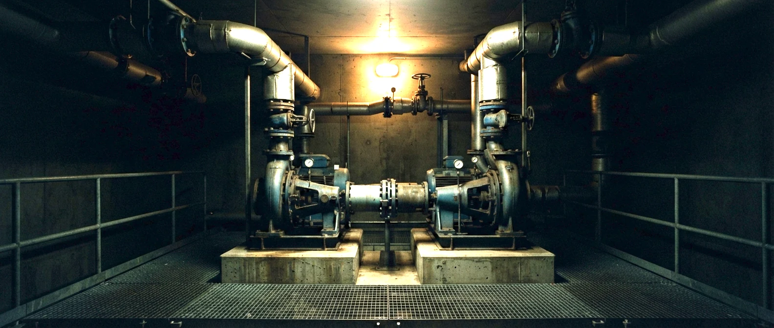 A plant room at night: two pumps on concrete plinths under lagged pipework, one bulkhead lamp above them.