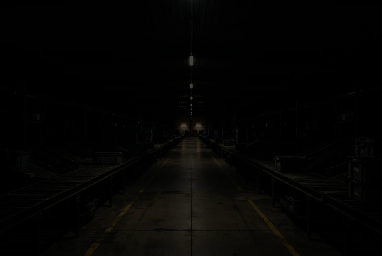 A parcel sorting hall at night, almost entirely dark. Two service lamps at the far end are the only things the exposure reaches.