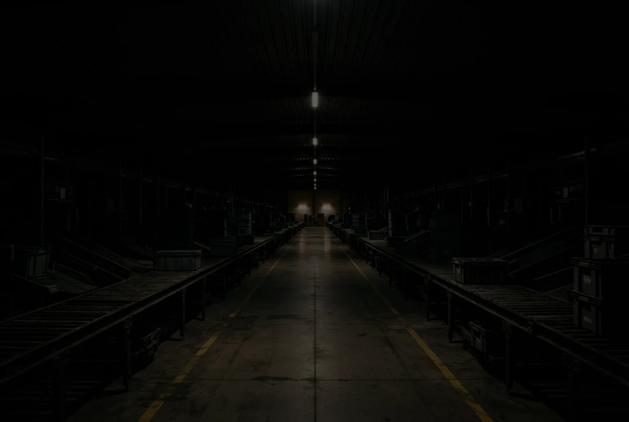 The same hall one stop brighter. The centre aisle and the yellow floor line have come out of the dark; the roof has not.