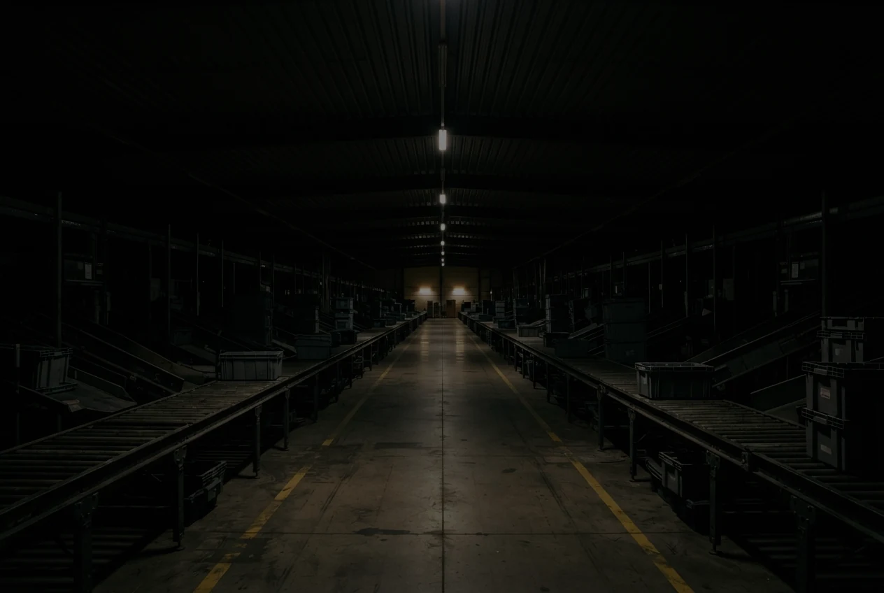 The hall at two stops. The near conveyor rails and the tote boxes stacked along them are now readable.