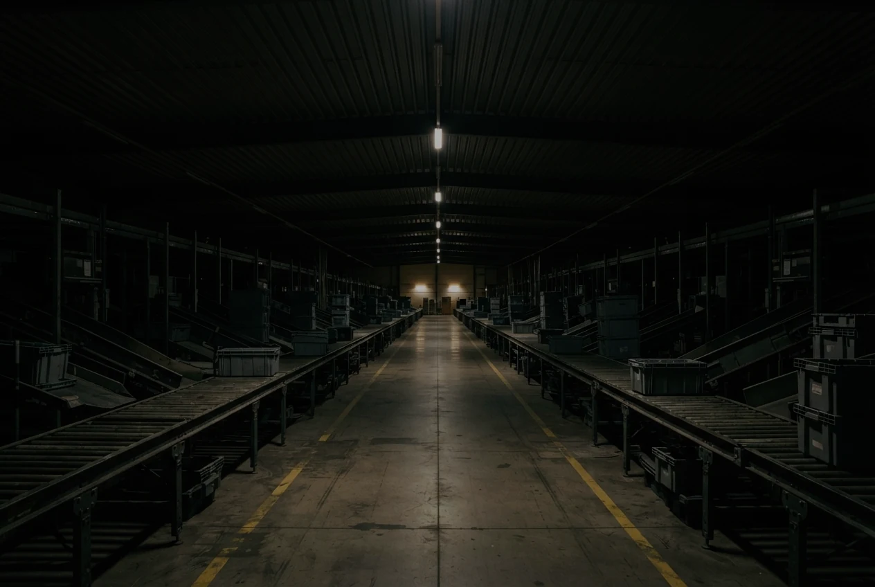 Three stops. The sorting frames on both sides of the aisle are out of the dark and the roof beams have begun to show.