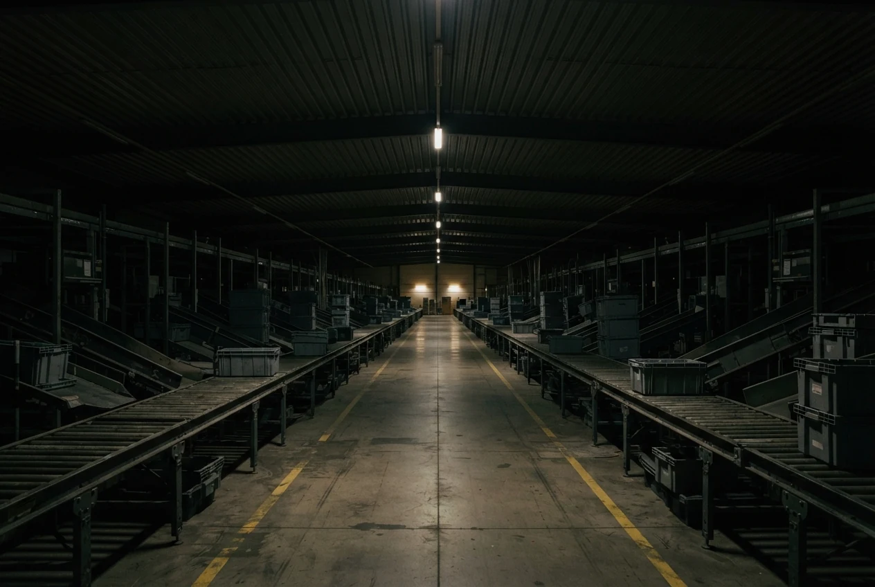 Four stops. The hall is legible end to end for the first time, still clearly a photograph taken at night.