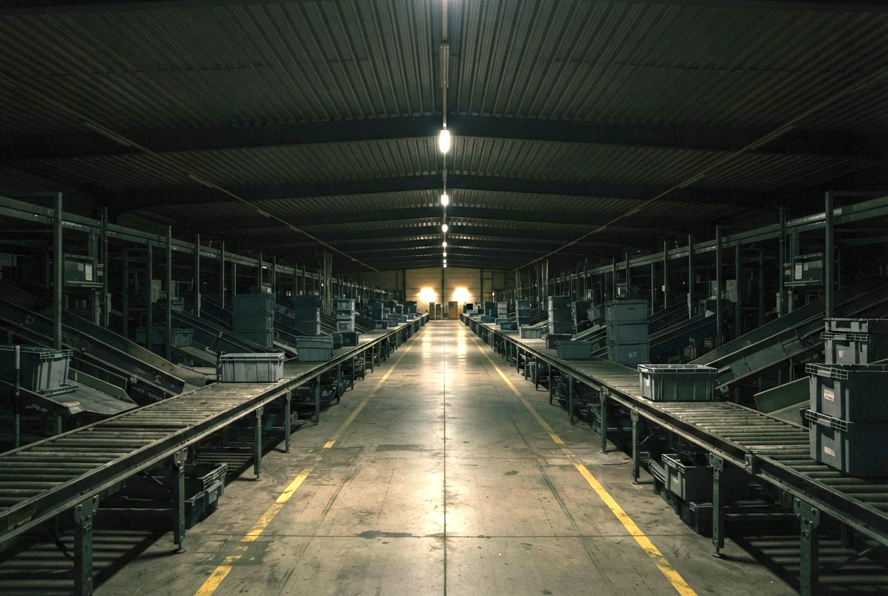 Six stops. The corrugated roof, the strip lights along it and the far doorway are all fully out.
