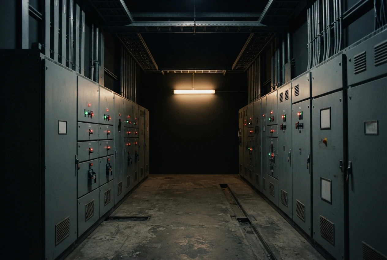 A switch room at night: a run of grey distribution boards with small indicator lamps, one fluorescent batten lit at the far end of the room.
